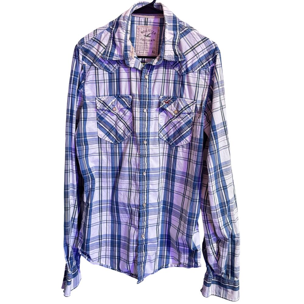 Hollister Blue and White Western Shirt with Pearl snaps Size XL